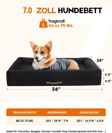 Ортопедичне ліжко для собак великих порід, кошик для собак, що можна прати, з піною у формі яйця, водовідштовхуваний диван для собак з неслизьким дном та чотиристороннім валиком (Чорний, 61x91x18 см)