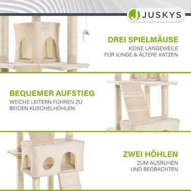 Когтеточка для котів Juskys XXL Amy 170 см, бежевий – багаторівневий котячий комплекс з лежаками, драбинами, будиночками та стовпчиками із сизалю, стійкий кіт-дерево