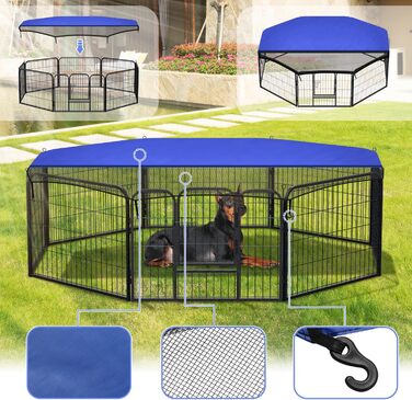 Клітка для цуценят Yakimz 8-частинна, вигульна клітка для цуценят висотою 60 см з дверцятами та захисним тентом, гнучка та складана клітка для собак, загородження для цуценят, собак, кроликів та інших дрібних тварин, 8 шт. - 80x60 см