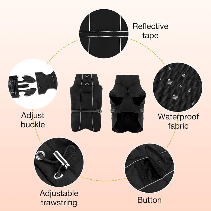 Водонепроникний зимовий теплий одяг для собак - тепла куртка з флісовою підкладкою та високим коміром, чорна, для середніх та великих порід