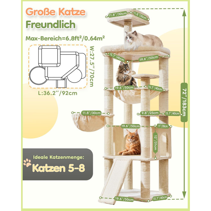 Когтеточка для котів Taoqimiao 183 см, велика, XXL, з будиночком, гамаком, когтеточками, платформою, MS045W (Бежева)
