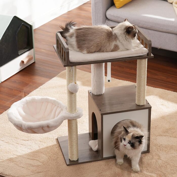 Дряпка для котів Heybly з платформою 30x50 см, когтеточка з будиночком та сизалевими стовпчиками, стабільна та безпечна для кошенят та середніх котів, колір: сіро-коричневий HCT007SSR (Greige)