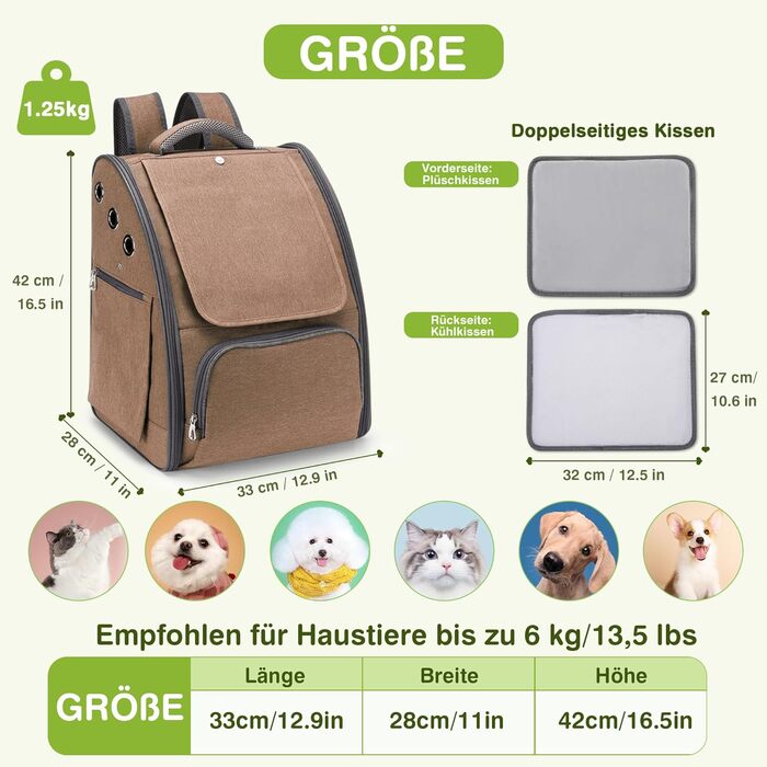ALLSOPETS Рюкзак для собак і котів, складаний, дихаючий, з сонцезахистом, для подорожей, кемпінгу та прогулянок, хакі-коричневий