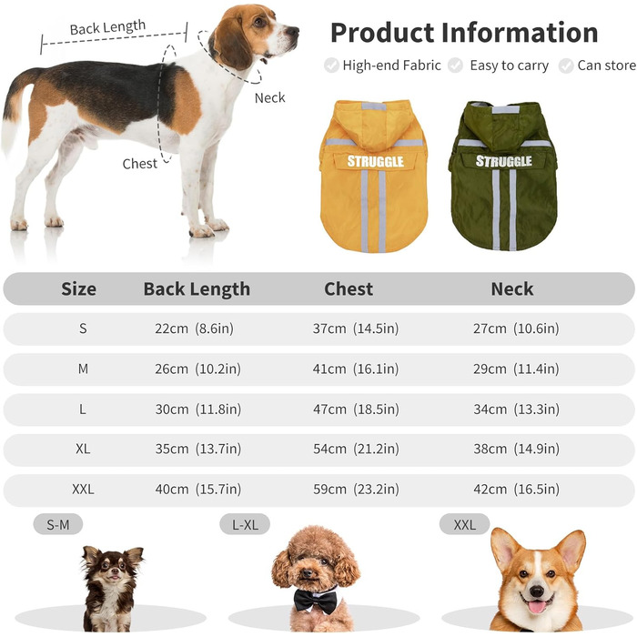 Дощовик для собак PETCUTE: водонепроникний дощовик з капюшоном для маленьких та великих собак, армійного кольору (S, жовтий)