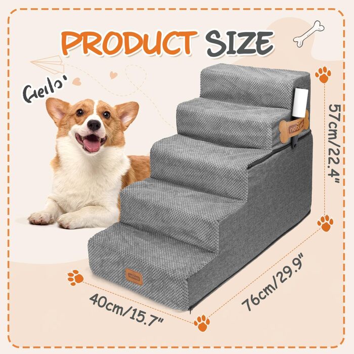 Східці для собак Nobleza - пандус для тварин з валиком для ворсу, 5 сходинок. Підходять для собак та котів, для ліжка та дивану