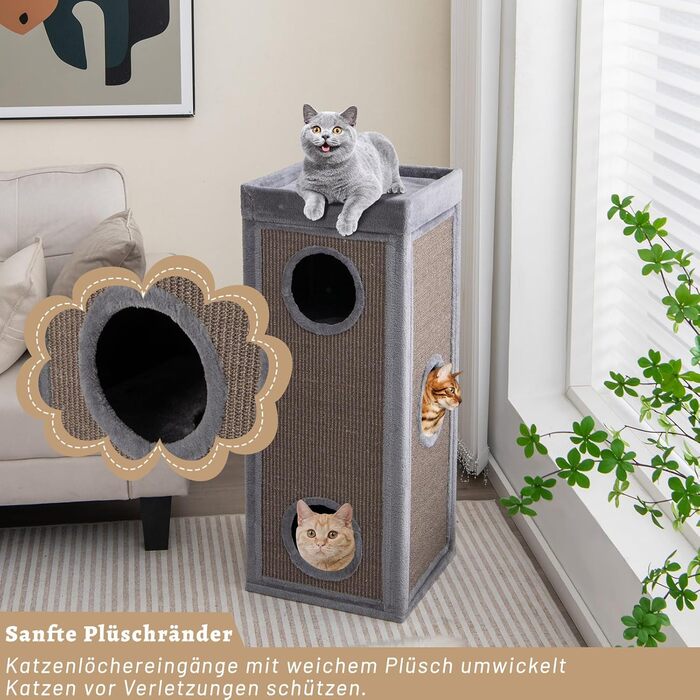 Кігтеточка GYMAX 40x40x99 см, 4-ярусна кігтеточка-будиночок з 3 печерами, знімні плюшеві подушки та 2 когтеточки, стійка кігтеточка для котів, сіра