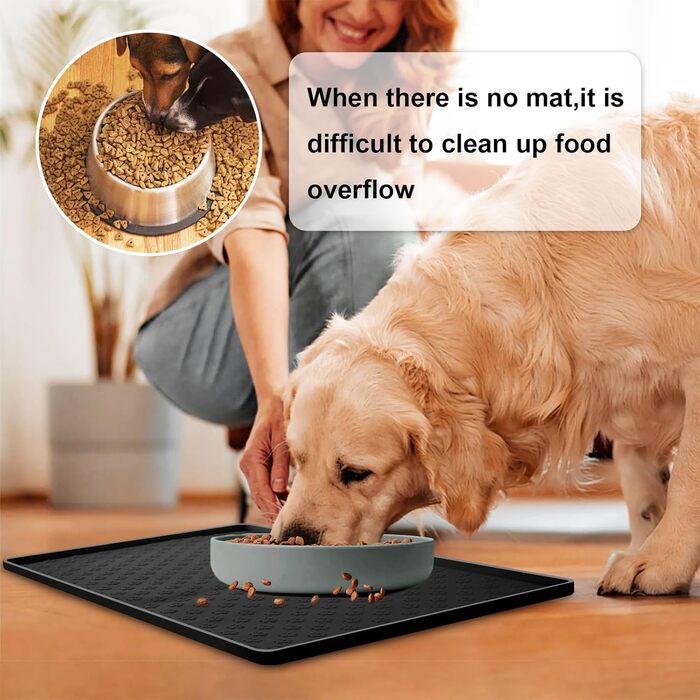 Силіконовий килимок для корму собак та котів, 54x38 см, чорний, з принтом лапок - MOACC