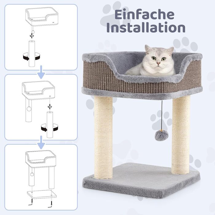Дряпальня для котів COSTWAY, кігтеточка з плюшем, м'ячиком та сизалевими стовпчиками, дерев'яна, 38x38x51 см (сірий)