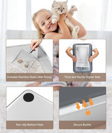 Металева котяча туалетна Pawaboo з кришкою, 60x40,5x32,5 см, велика нержавіюча лоток для котів з високим бортиком, антипригарна, зі совком і килимком для наповнювача