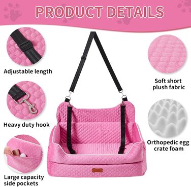 Автокрісло для собак великих та середніх порід – підйомник з memory foam для собак вагою до 25 кг або 2 маленьких собак, знімний та пральний лежак з товстим матрацом та кишенями для зберігання, Рожевий, Large Pink