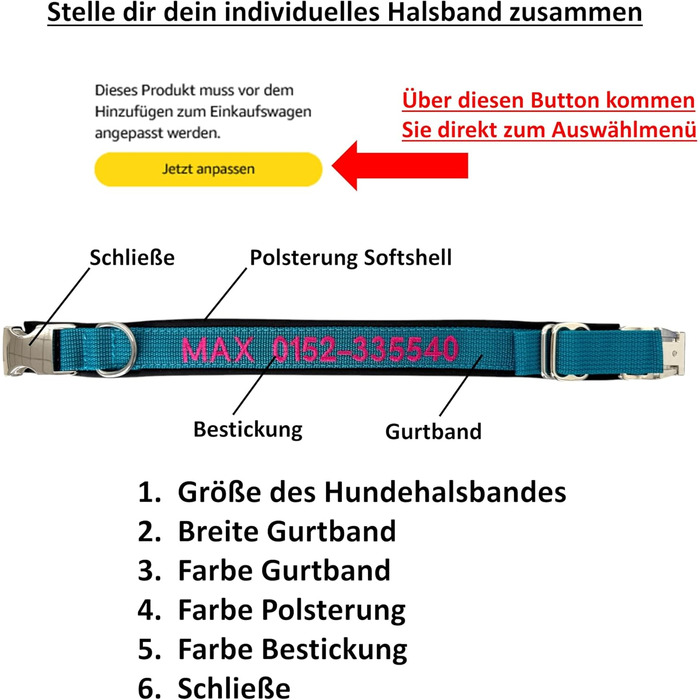 Ошийник для собак з можливістю персоналізації - XS-XXL - індивідуальне замовлення: вишивка імені та номеру телефону - широкий та регульований