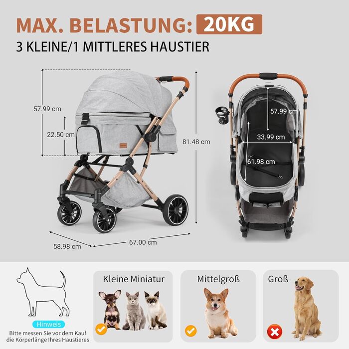 Візок для собак EchoSmile, складаний, до 20 кг, для маленьких та середніх собак та котів, з регульованою ручкою, амортизаторами та знімним чохлом (сірий)