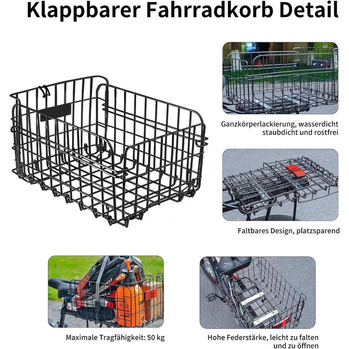 Задній велосипедний кошик W&H складний, великий металевий, з аксесуарами для монтажу, сіткою та відбивачем. Підходить для собак, покупок, пікніків
