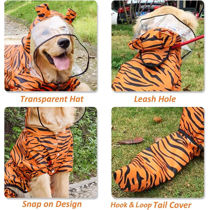 Водонепроникний дощовик для великих собак з повним хвостом, косплей, костюм, куртка з капюшоном, розмір 6XL (63х83 см, тигр)