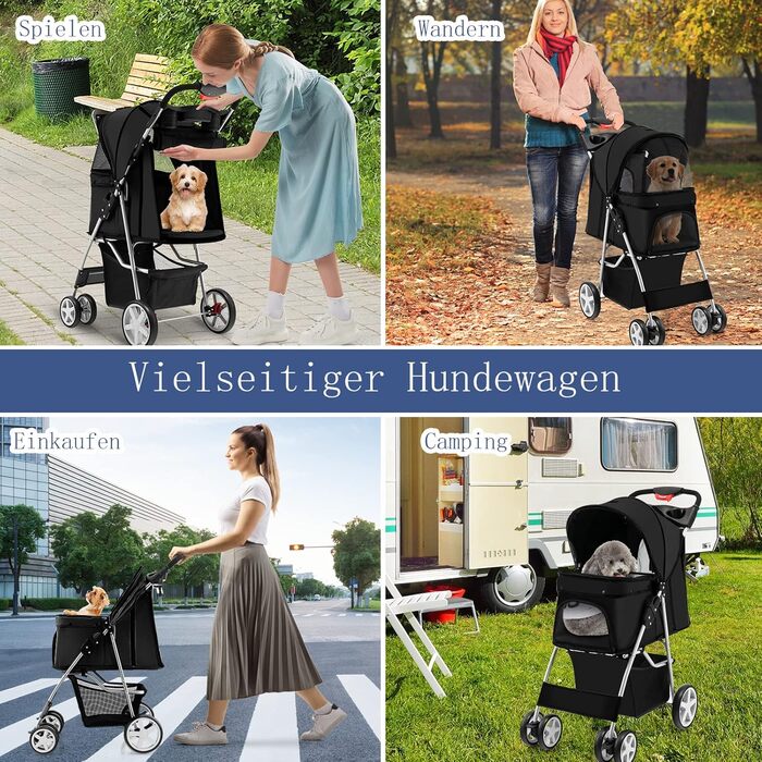 Візок для тварин GYMAX: розкладний візок для котів/собак до 15 кг, з кошиком для зберігання, захистом від дощу та сіткою, 4 колеса, чорний