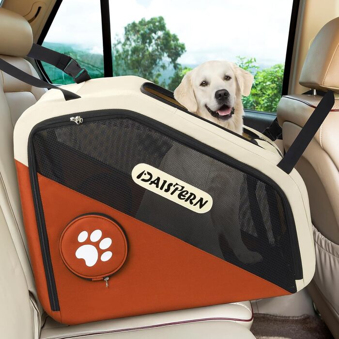 Складана переноска для собак у машину та в подорожі, Softbox для маленьких та середніх собак, швидке складання за 1 хвилину, міцний металевий каркас, дихаючі сітчасті вікна та зручний доступ, коричнева