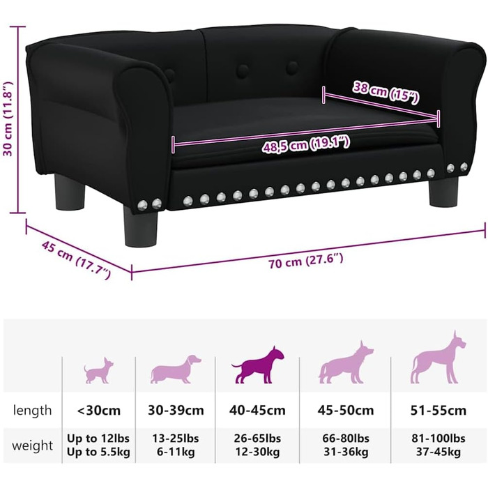 Софа для собак, зручне ліжко для домашніх тварин, лежанка для собак з штучної шкіри, ліжко для цуценят, диван для домашніх тварин, будочка для собак великих та середніх порід, сучасний та елегантний дизайн (70x45x30 см, чорний)