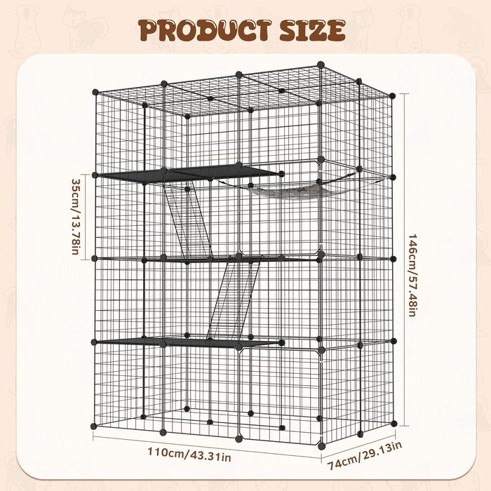Металевий вольєр для котів UISEBRT для вулиці та дому, 3-ярусний, з піддоном, 2 сходами та 3 дверцятами, DIY вольєр для тренувань, відпочинку або як зовнішній вольєр (4 рівні)