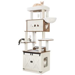 Драбина-кіготь для котів з туалетом, годівницею, 173 см, велика платформа, мотузка сизаль, гамак, знімний килимок, іграшки-кульки, білий та коричневий колір CB89014WT