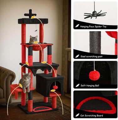 Драбинка для котів BYBYME у готичному стилі на Halloween, 168 см, стійкий комплект котячих меблів з ліжком, будиночком, гамаком та стовпчиками для шліфування кігтів (чорно-червоний), підлоговий