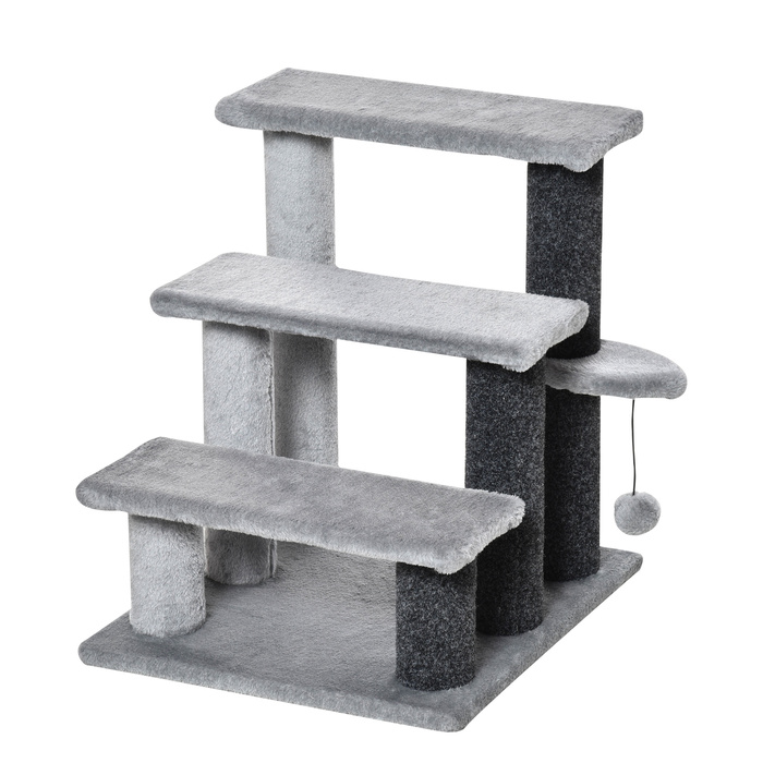 PawHut Cat Stairs Pet Stairs Сходи для собак 3 сходинки з іграшковим м'ячем Плюш сірий 45x40x48см для котів та собак