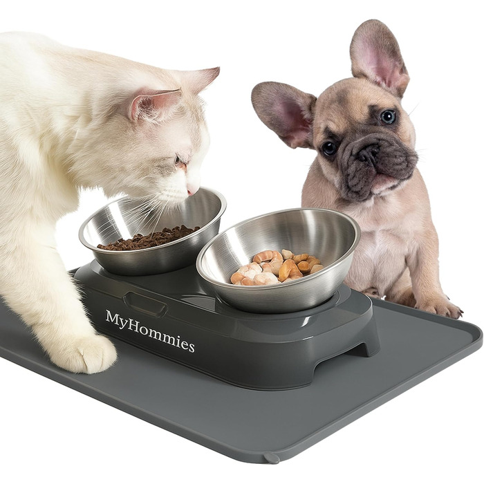 Миска для котів та собак з нержавіючої сталі з нахилом 15°, антиковзаюча, з двома мисками