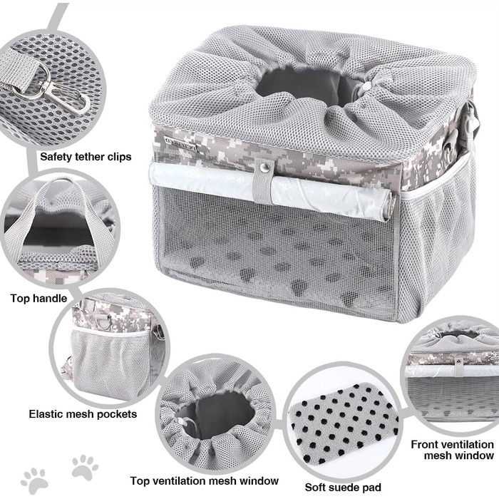 Велосипедна сумка-переноска для собак та котів до 6,8 кг, сірого кольору. З регульованим плечовим ременем та страхувальним тросом.