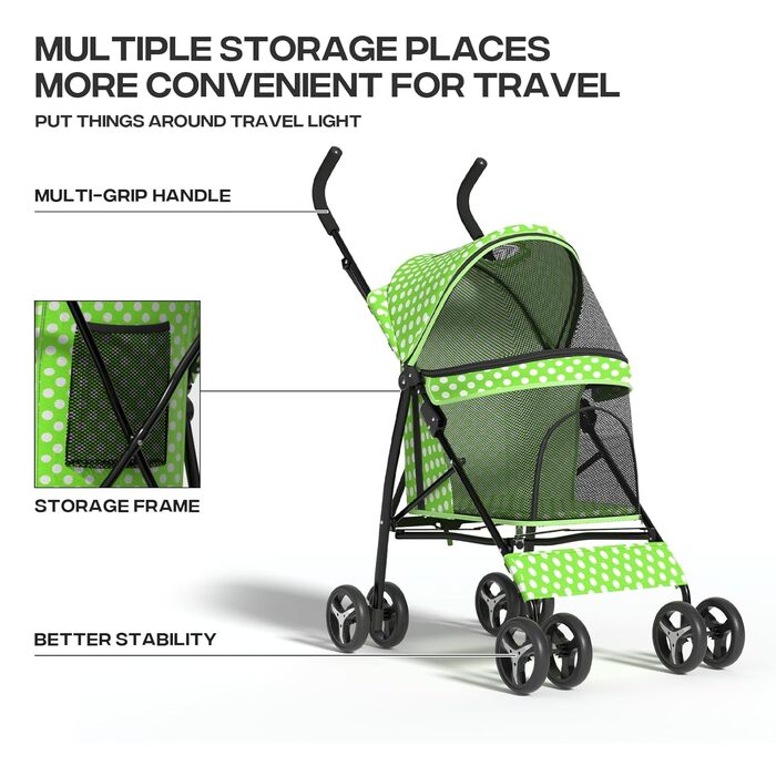 Візок для собак маленьких порід, 4,5-10 кг, візок для цуценят, візок для середніх собак, візок для котів, візок для 2 котів, задній простір для зберігання, леопардовий принт (зелені крапки)