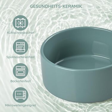 Набір керамічних мисок для собак та котів SpunkyJunky: миска проти запобігання ковтання + підставка з бамбука (Бежевий + Темно-зелений), Ø15.5 см