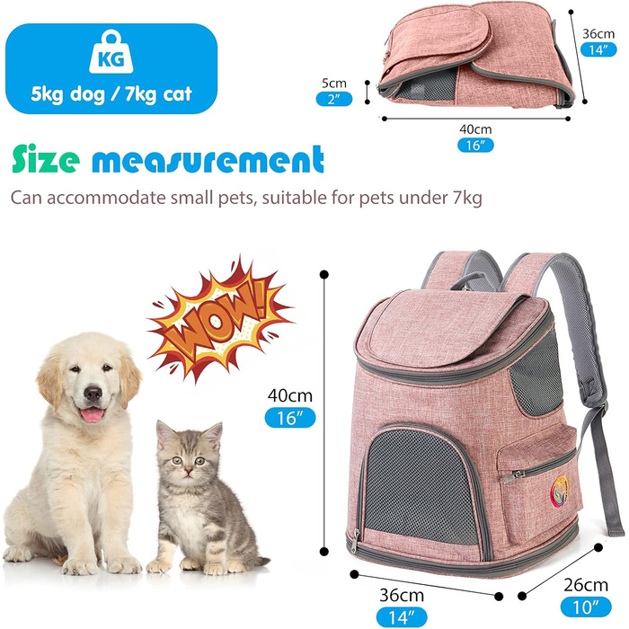 PETCUTE Рюкзак для собак, дихаючий, з м'яким матрацом, складний, з безпечною лінією, для подорожей, велосипеда, літака (Рожевий)