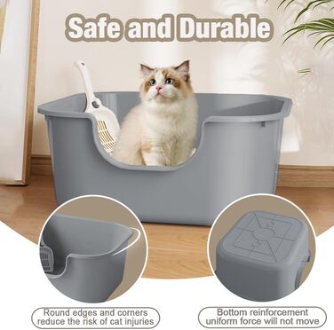 Відкритий лоток для котів Pawsayes з високими бортиками та низьким порогом, захист від розбризкування наповнювача, сірий колір