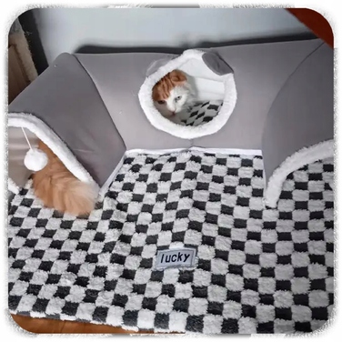 Плюшеве ліжко-шахівниця для котів з тунелем 2в1, сіре, розмір XL 86x70x26 см