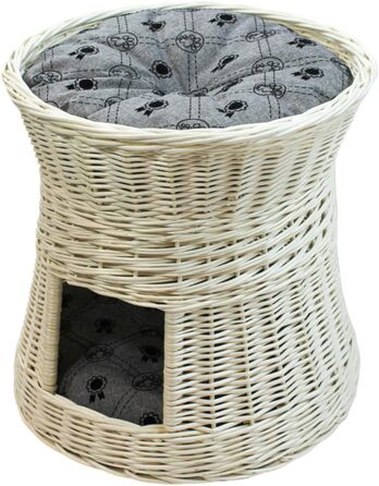 Кігтеточка-ліжко для котів: кругла хатинка з лози, 2 поверхи, білий колір, сірий лежак