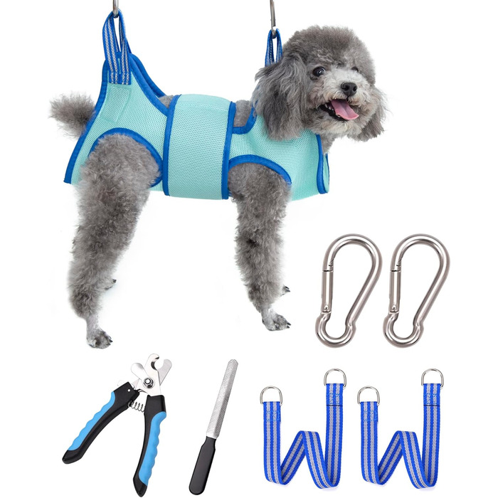 Гамманець для грумінгу собак L 2023, тримач для шлейки, гаманець для підстригання нігтів, гаманець для грумінгу собак з широким ременем, петля для догляду за шерстю, кишеня для догляду за нігтями, блакитний (X-Small 3,2 кг Макс/Блакитний)