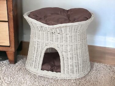 Корзина для котів, лежанка для котів, будиночок для котів L, 60 см, овальна, з плетеної лози, двоярусна, коричнева, знімні подушки