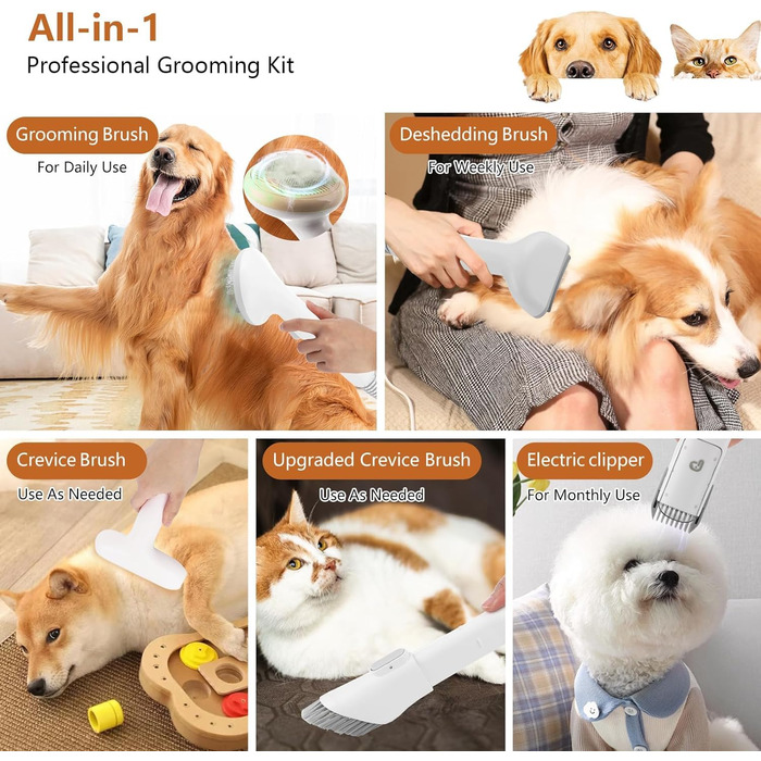 Пилосос для догляду за тваринами, набір для грумінгу, вакуумний насадка, видалення 99% шерсті, пилосос для собак, догляд за тваринами, вакуум для собак та котів, набір 5-в-1, видалення шерсті собак (білий/сірий)
