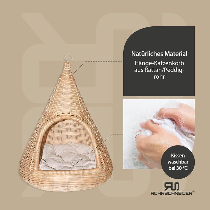 Кігтеточка-лежанка для котів Rohrschneider Sammy | Гніздо з ротанга, з м'якою подушкою, для підвішування та встановлення | 45x45x55 см, бежевий | Натуральні матеріали