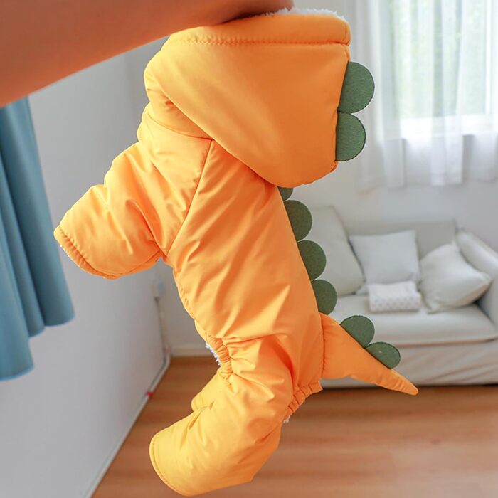 Зимовий костюм динозавра для собак, теплий комбінезон з капюшоном, одяг для маленьких собак, зелений, розмір M