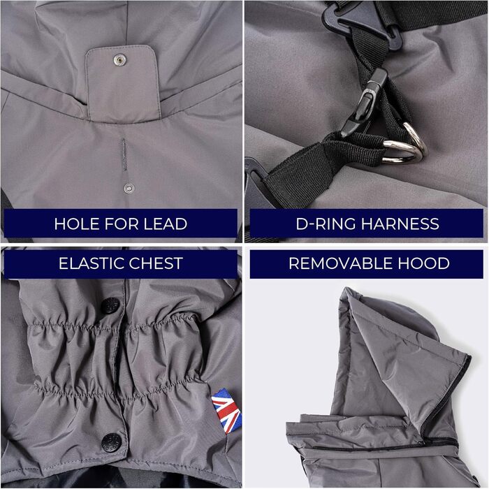 Зимовий теплий костюм-куртка для собак Hugo & Hudson, вітронепроникний з капюшоном, на застібках, сумісний з шлейкою, сірий, розмір S35
