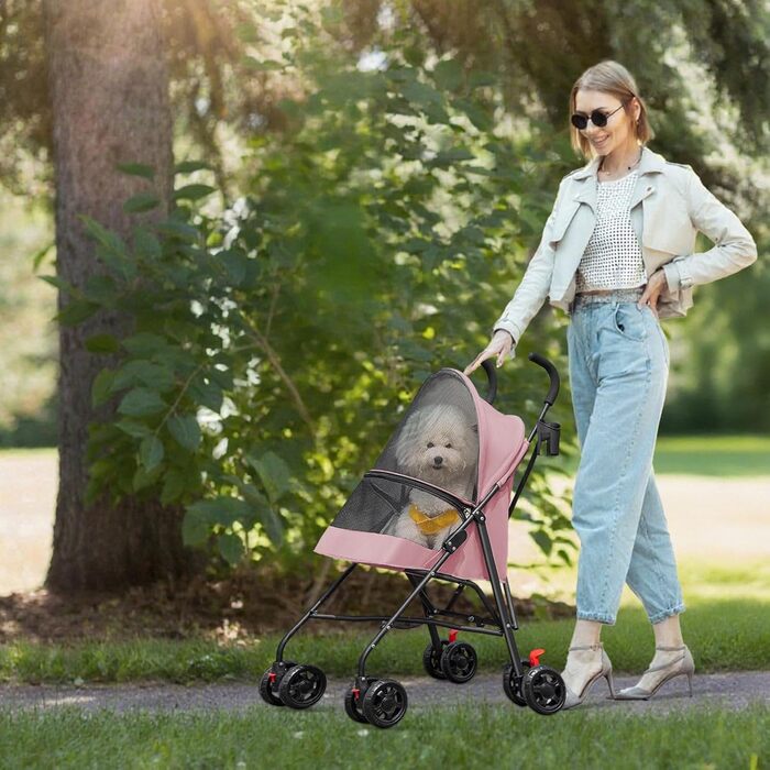 Візок для собак Homewell 2в1, прогулянковий візок-переноска з підсклянниками, з гальмом та водонепроникним тентом, рожевий