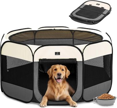 Клітка-вольєр для собак великих порід A 4 Pet, портативна, з водонепроникним дном та змійкою, для дому та вулиці, з мискою, темно-сіра та рожева (L з мискою, темно-сіра та бежева)