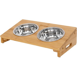 Підвищений годівниця для собак Lionto з бамбуку, 35x20x10 см, подвійний набір мисок для собак та котів, 2 миски з нержавіючої сталі Ø 14 см, об'єм кожної миски 250 мл, неслизька та щадяча суглоби