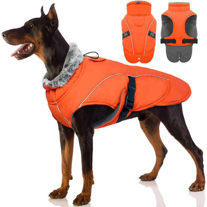 Зимовий одяг для собак, тепла куртка-жилет для великих собак, водонепроникна, з флісовою підкладкою, світловідбиваюча, з отвором для повідка (Помаранчевий, XL)