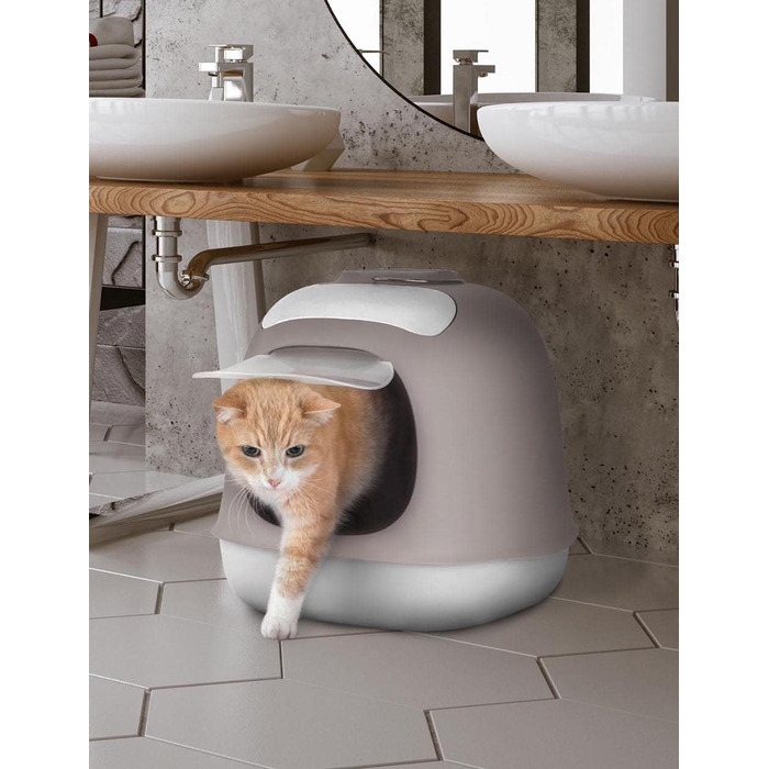 UNITED PETS Minù закрита туалетна кімната для котів з кришкою, лопаткою і фільтром, біло-сіра, італійська якість