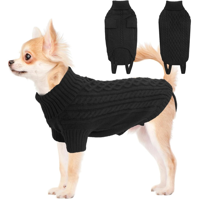 Теплий святковий пуловер для собак - чорний, для чихуахуа та інших маленьких порід, з отвором для повідка (S, груди 40 см, спина 28 см)