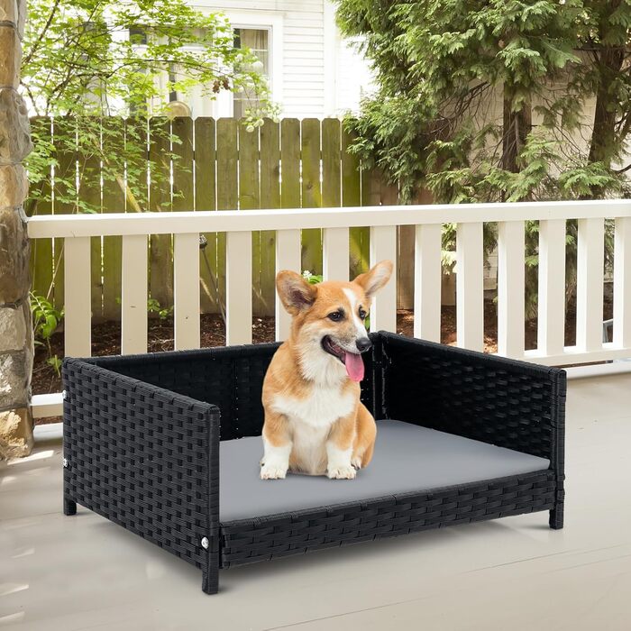 Собаче ліжко SOARS з ротангу, кошик для собак з подушкою, знімний та пральний чохол, підняте собаче ліжко для маленьких та середніх собак, диван для собак для дому та на вулицю, 62 x 46 x 25 см