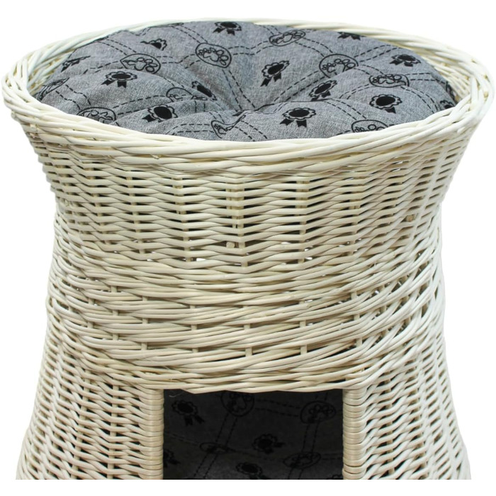 Кігтеточка-ліжко для котів: кругла хатинка з лози, 2 поверхи, білий колір, сірий лежак