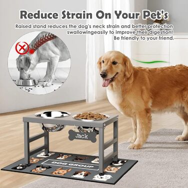 Підвищена годівниця для собак великих та екстра-великих порід, з підставкою та двома мисками з нержавіючої сталі (2,863 г), з нековзною основою, висота 43 см, висота мисок 25 см, сіра, L