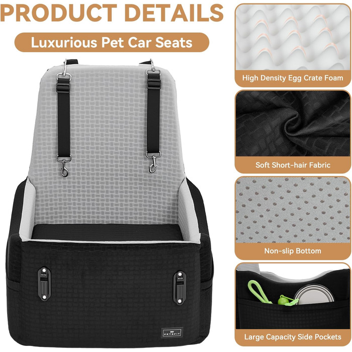 Автокрісло для собак PETSFIT до 15 кг з пам'яттю, 2 відділення, чорно-сірий