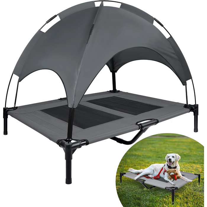 Підвищене собаче ліжко з дахом, сонцезахист, ліжко для домашніх тварин з балдахіном, лежанка для собак на вулицю, собаче софа з неслизькими підкладками, водонепроникний дах та дихаюча сітка, розмір 92x76x92 см